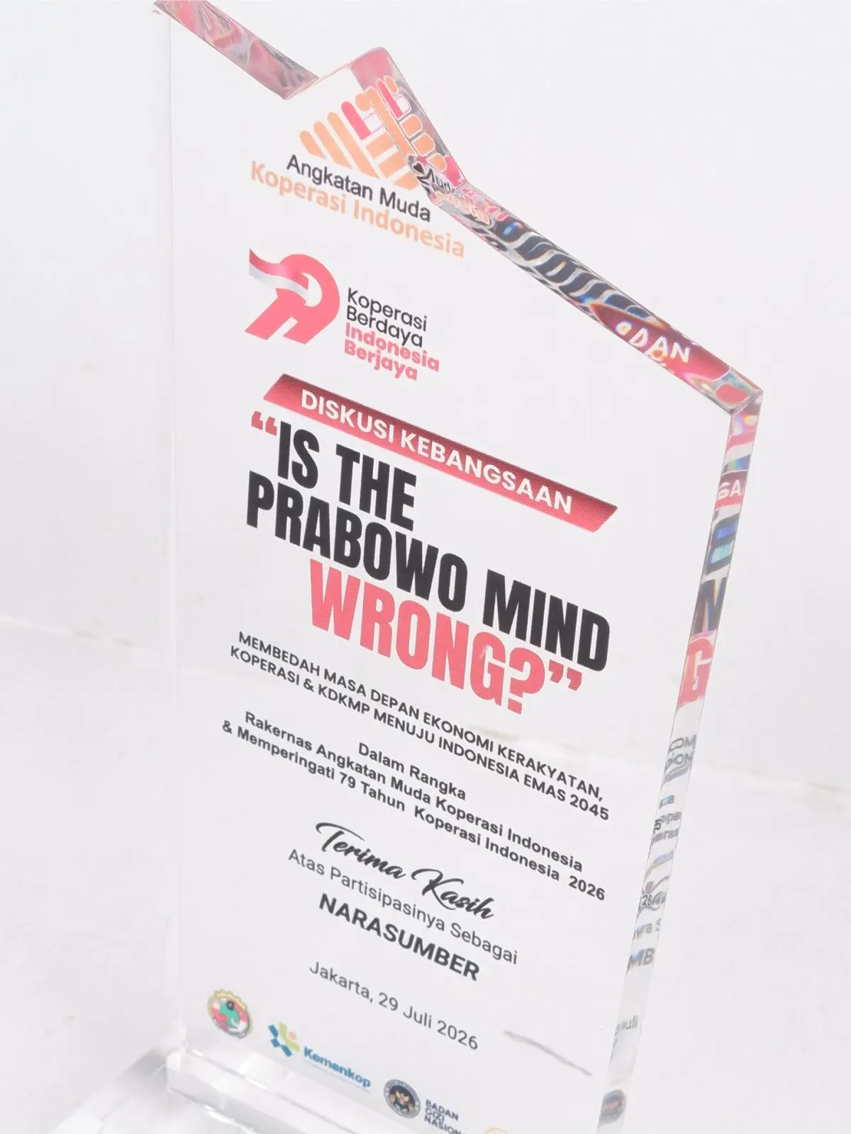Plakat Akrilik Ucapan Terima Kasih untuk Narasumber Diskusi Kebangsaan “Is The Prabowo Mind Wrong?” DETAIL-PA857 Plakat Akrilik Diskusi Kebangsaan