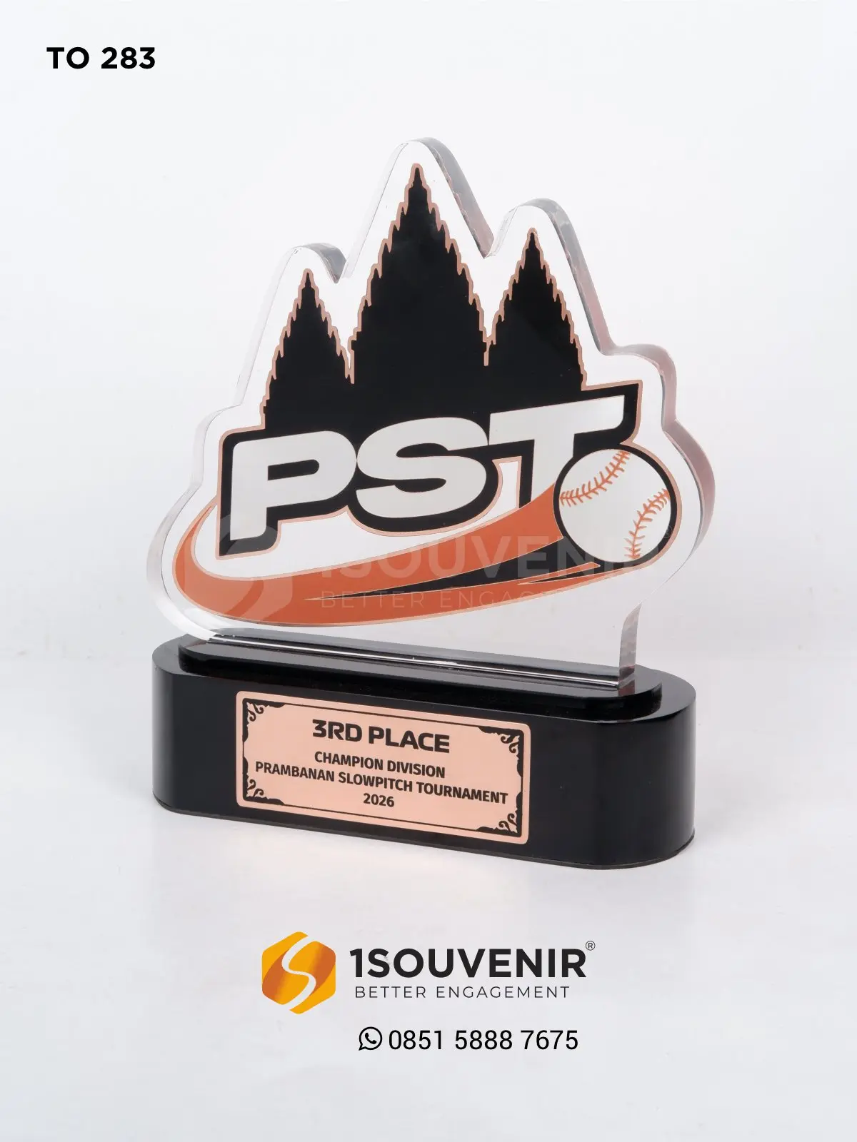 Piala olahraga 3rd place dengan panel akrilik bentuk bergerigi dan dudukan hitam dengan pelat rose gold